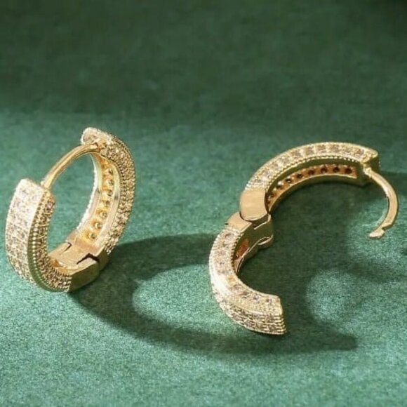 14k Gold Plated Simulated Diamond Huggie Earrings - Picture 5 of 10